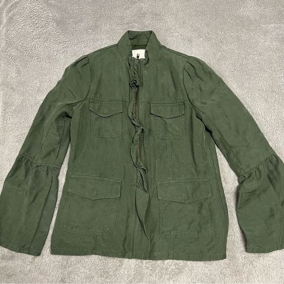 hinge Jackets & Blazers - Hinge Seattle Military Jacket Womens Small Army Green Ruffle Zip Trumpet Sleeve